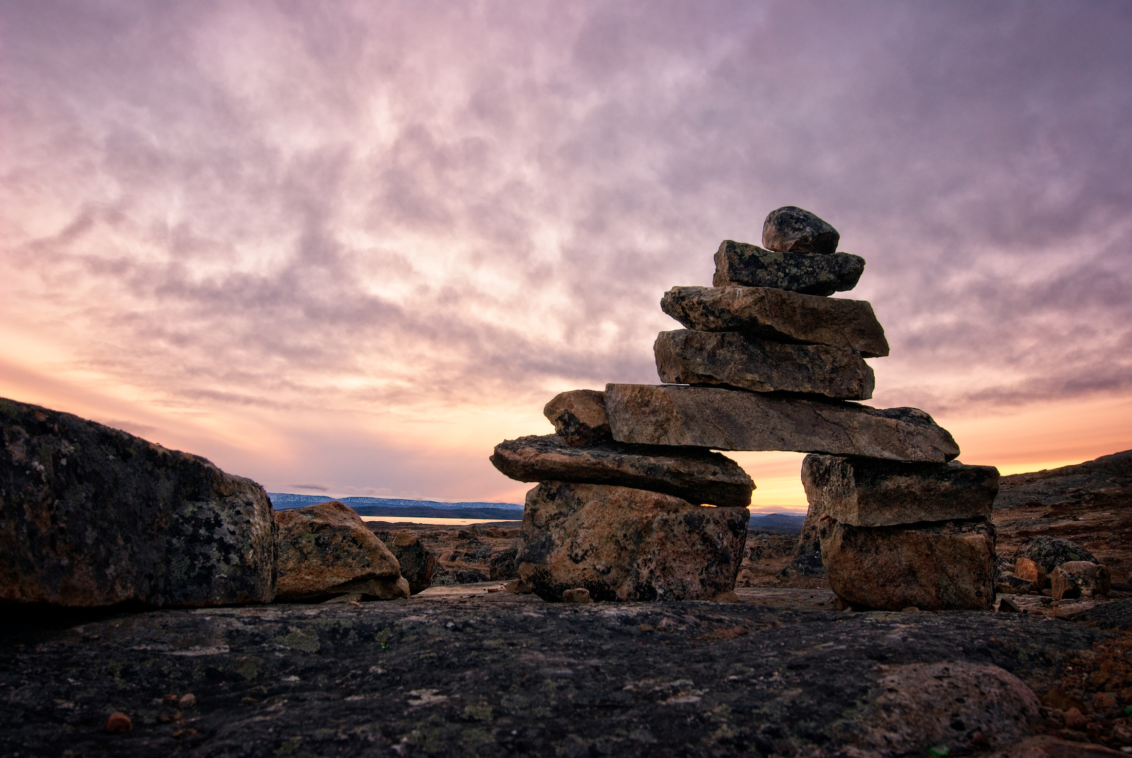 Inukshuk on Baffin Island, Nunavut, Canada.